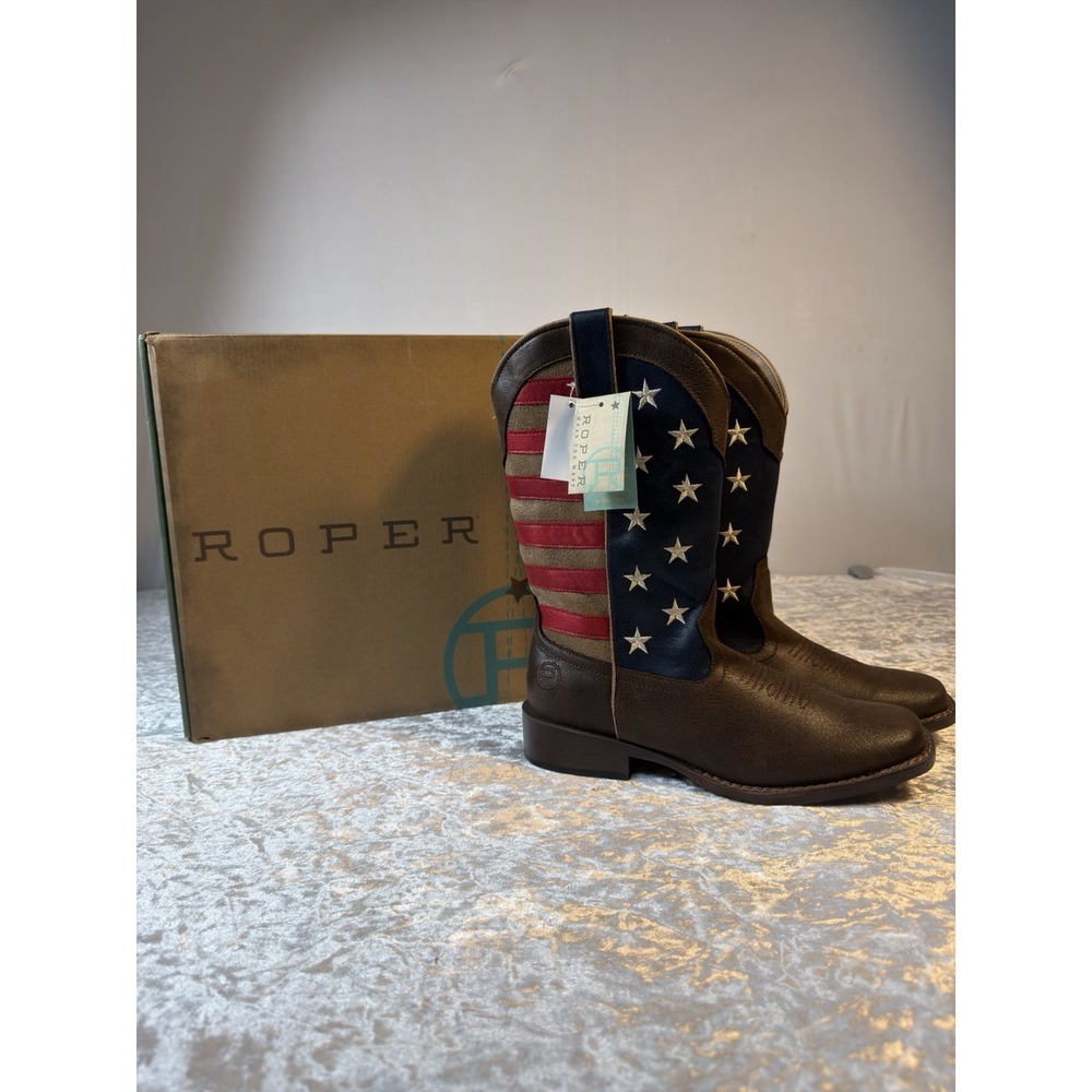Roper Western Boots Womens 8 Brown American Flag Stars Stripes Cowboy NWT